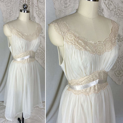 Vintage 1950's Nightgown | Creamy White Nylon Chiffon with Light Nude Lace | Size S, M | Vanity Fair - Daggers & Dames