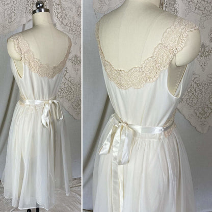 Vintage 1950's Nightgown | Creamy White Nylon Chiffon with Light Nude Lace | Size S, M | Vanity Fair - Daggers & Dames