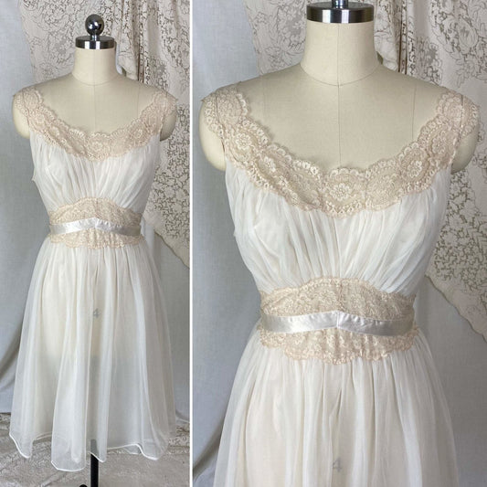 Vintage 1950's Nightgown | Creamy White Nylon Chiffon with Light Nude Lace | Size S, M | Vanity Fair - Daggers & Dames