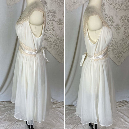 Vintage 1950's Nightgown | Creamy White Nylon Chiffon with Light Nude Lace | Size S, M | Vanity Fair - Daggers & Dames