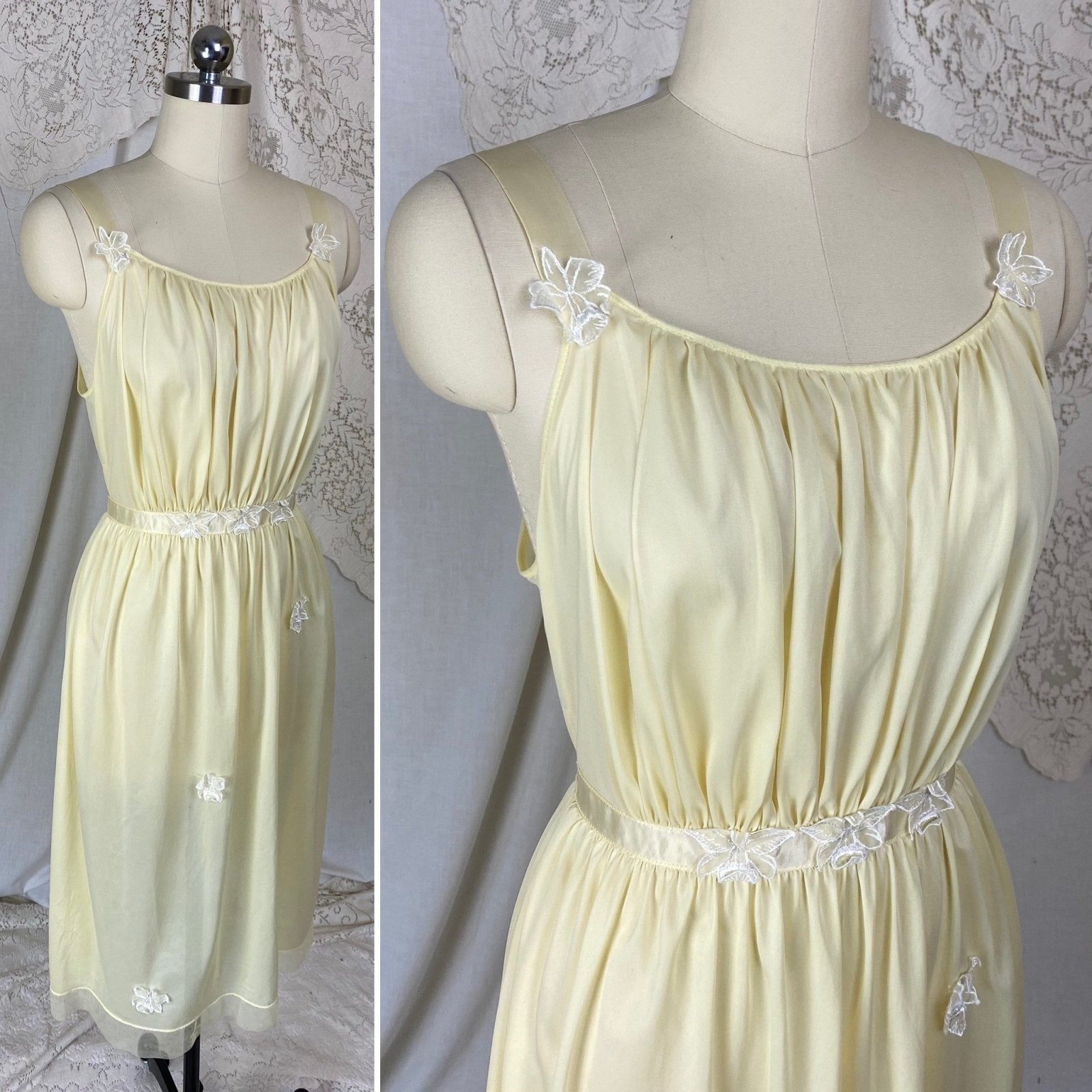 Vintage 1950's Nightgown | Creamy Yellow Nylon with White Chiffon Floral Appliques | Size M, LG | Roger's - Daggers & Dames