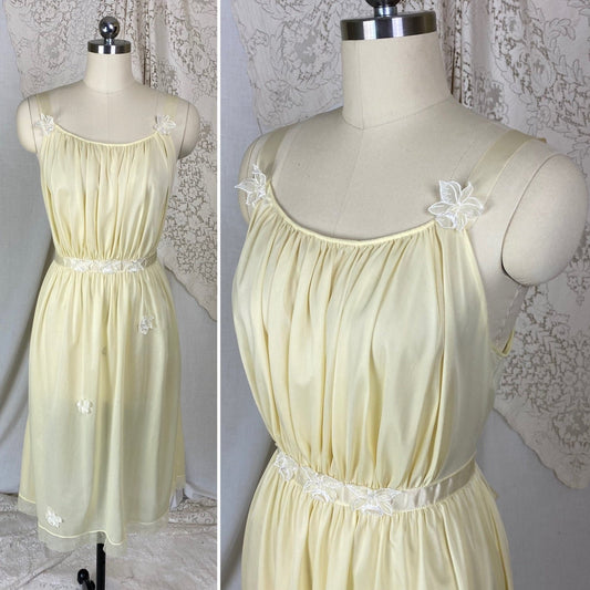 Vintage 1950's Nightgown | Creamy Yellow Nylon with White Chiffon Floral Appliques | Size M, LG | Roger's - Daggers & Dames