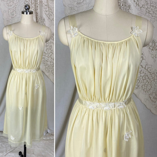 Vintage 1950's Nightgown | Creamy Yellow Nylon with White Chiffon Floral Appliques | Size M, LG | Roger's - Daggers & Dames