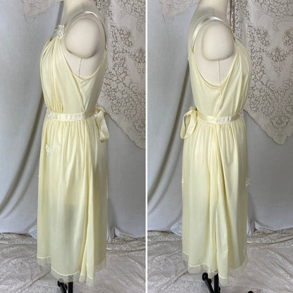 Vintage 1950's Nightgown | Creamy Yellow Nylon with White Chiffon Floral Appliques | Size M, LG | Roger's - Daggers & Dames