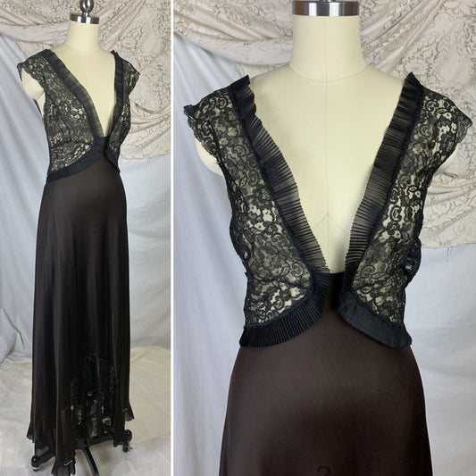 Vintage 1950's Nightgown | Deep Mocha Nylon with Black Floral Lace & Crystal Pleated Chiffon | Size LG, XL - Daggers & Dames