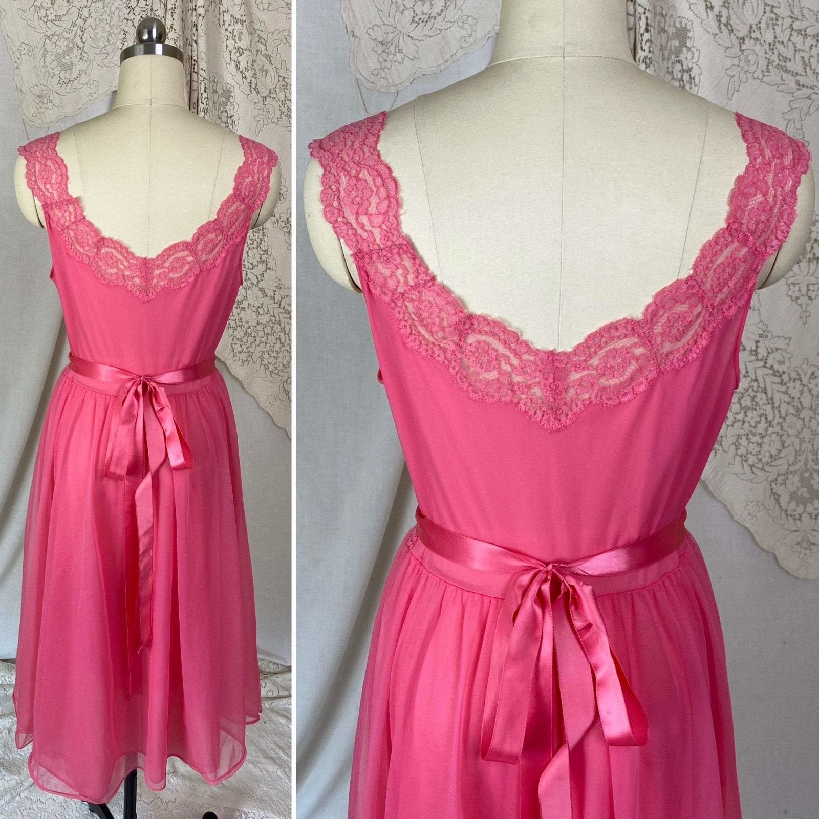 Vintage 1950's Nightgown | Hot Pink Nylon Chiffon with Lace | Size XS, S | Vanity Fair - Daggers & Dames