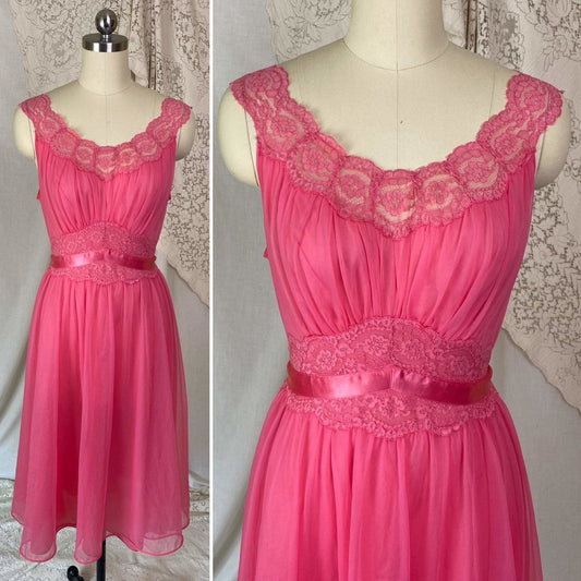 Vintage 1950's Nightgown | Hot Pink Nylon Chiffon with Lace | Size XS, S | Vanity Fair - Daggers & Dames