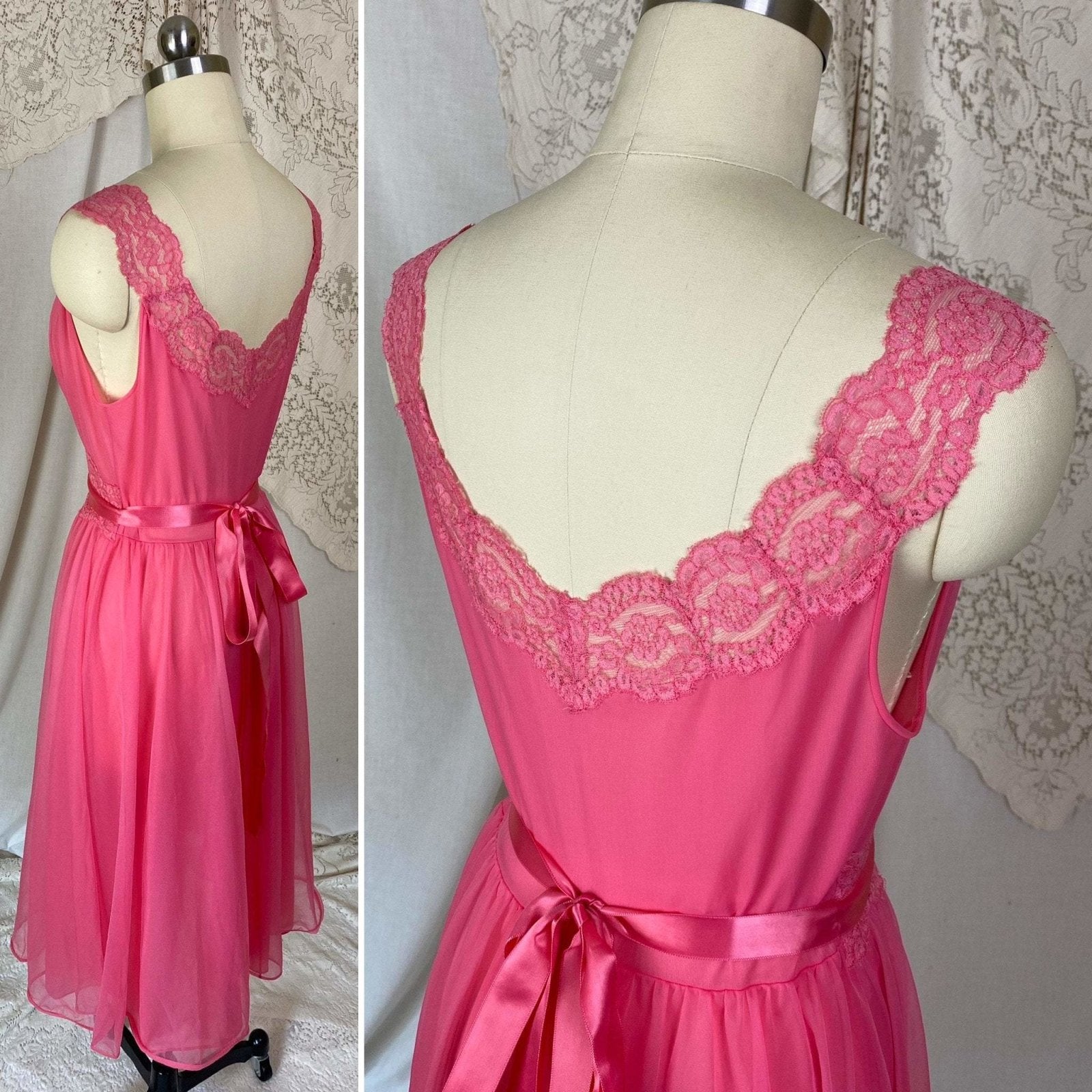 Vintage 1950's Nightgown | Hot Pink Nylon Chiffon with Lace | Size XS, S | Vanity Fair - Daggers & Dames