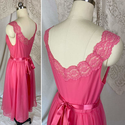 Vintage 1950's Nightgown | Hot Pink Nylon Chiffon with Lace | Size XS, S | Vanity Fair - Daggers & Dames