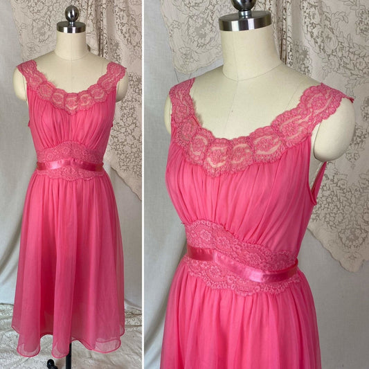 Vintage 1950's Nightgown | Hot Pink Nylon Chiffon with Lace | Size XS, S | Vanity Fair - Daggers & Dames