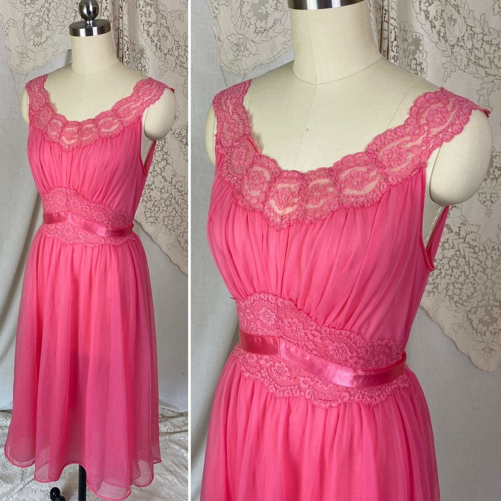 Vintage 1950's Nightgown | Hot Pink Nylon Chiffon with Lace | Size XS, S | Vanity Fair - Daggers & Dames