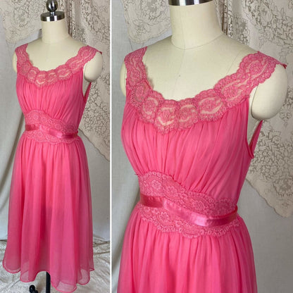 Vintage 1950's Nightgown | Hot Pink Nylon Chiffon with Lace | Size XS, S | Vanity Fair - Daggers & Dames
