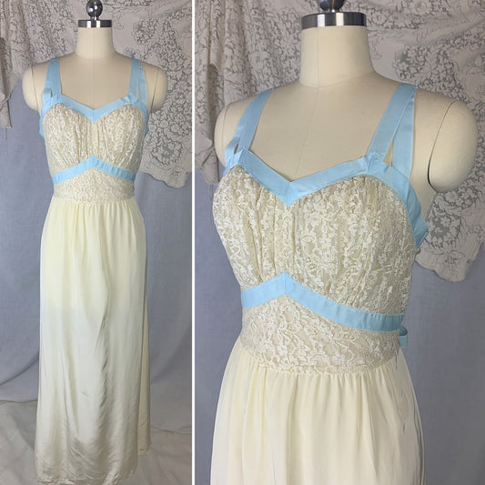 Vintage 1950's Nightgown | Light Pastel Yellow Acetate Rayon Blend with Baby Blue Ribbon & Nylon Lace | Size S | Seamprufe - Daggers & Dames