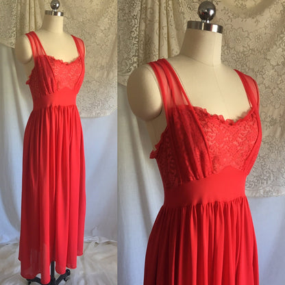 Vintage 1950's Nightgown | Lipstick Red Nylon with Lace & Chiffon Bodice | Gilead | Size S, M - Daggers & Dames