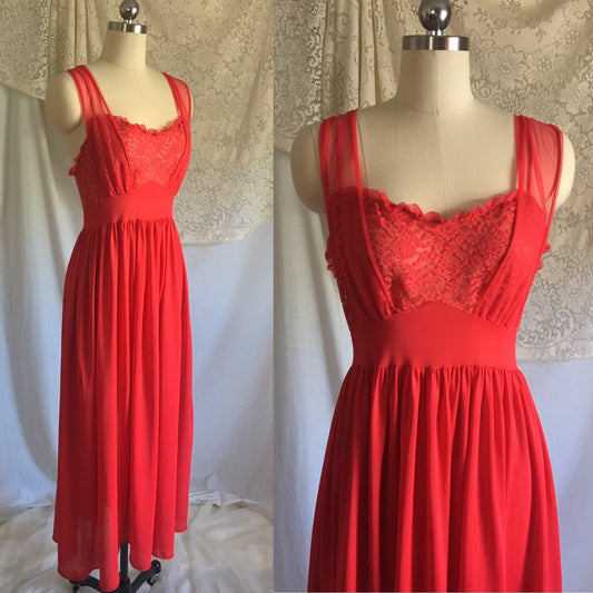 Vintage 1950's Nightgown | Lipstick Red Nylon with Lace & Chiffon Bodice | Gilead | Size S, M - Daggers & Dames