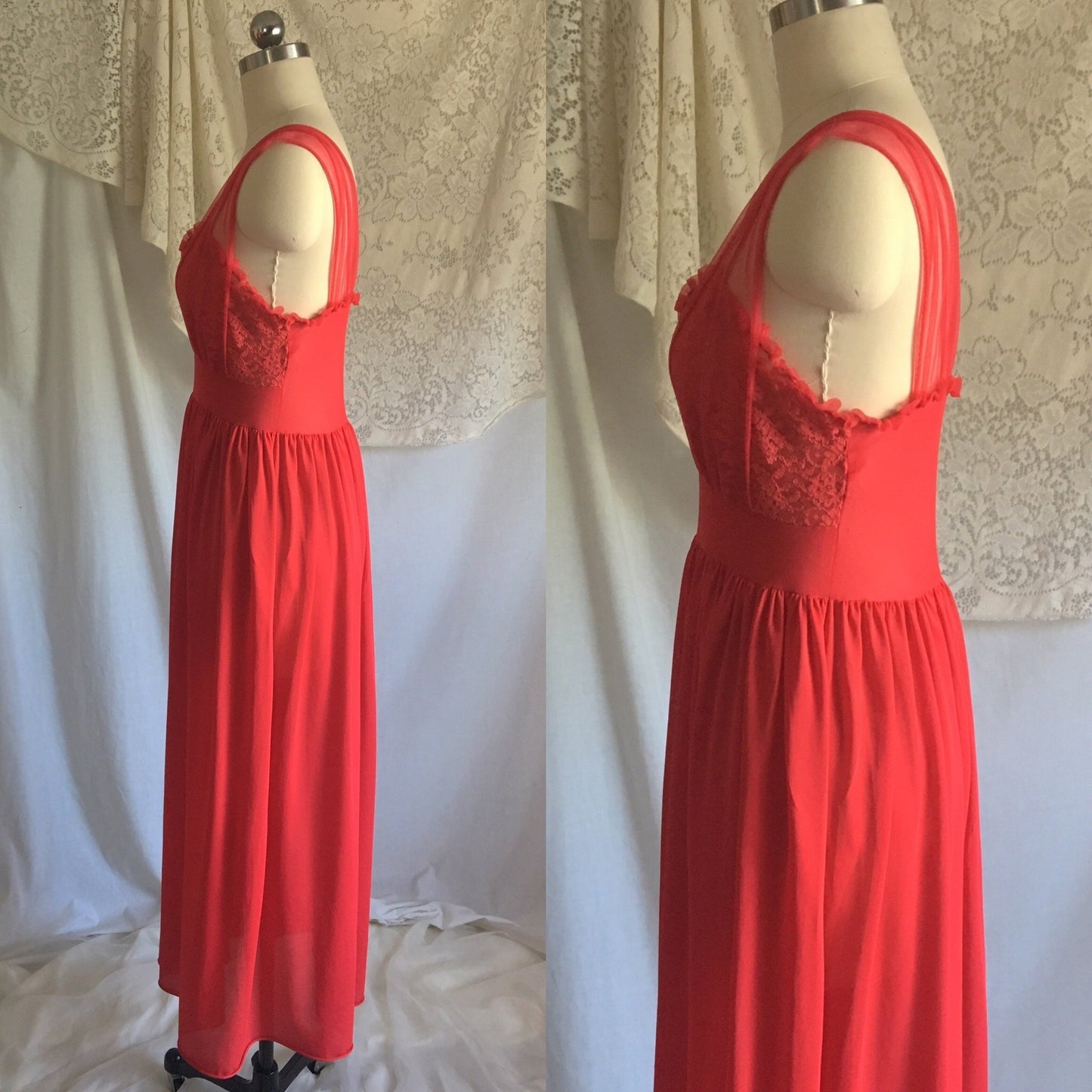 Vintage 1950's Nightgown | Lipstick Red Nylon with Lace & Chiffon Bodice | Gilead | Size S, M - Daggers & Dames