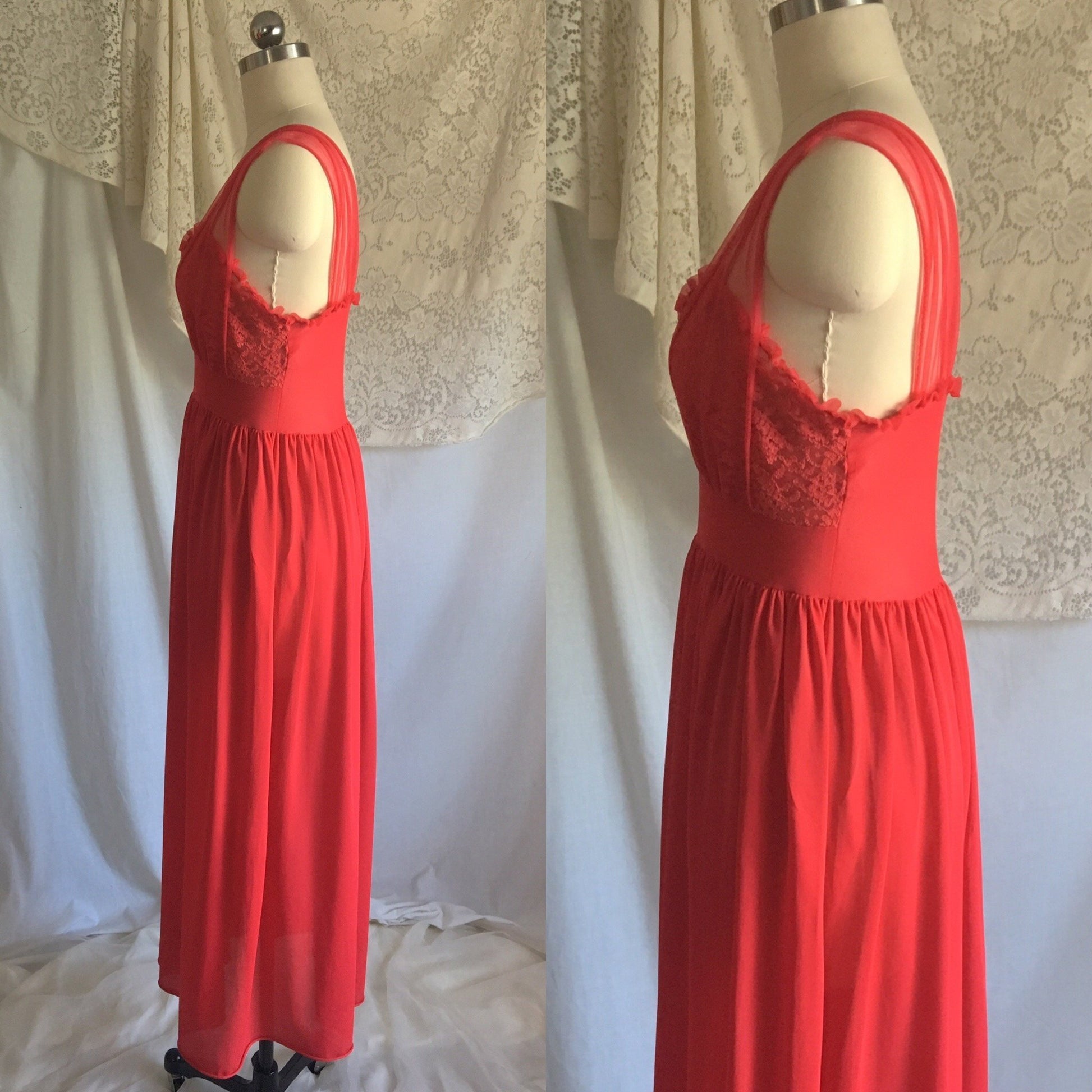 Vintage 1950's Nightgown | Lipstick Red Nylon with Lace & Chiffon Bodice | Gilead | Size S, M - Daggers & Dames