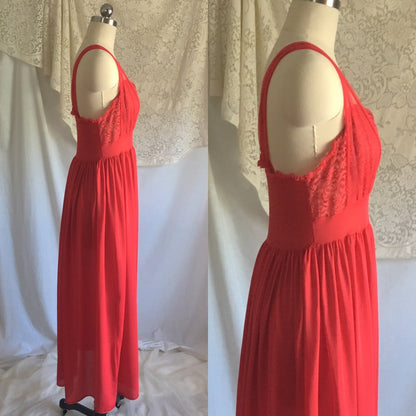 Vintage 1950's Nightgown | Lipstick Red Nylon with Lace & Chiffon Bodice | Gilead | Size S, M - Daggers & Dames