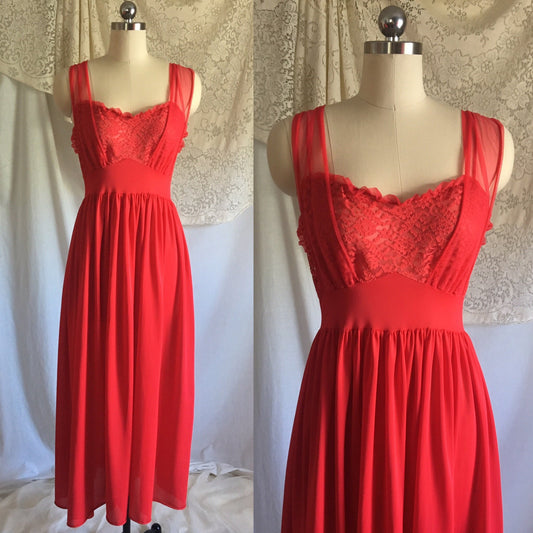 Vintage 1950's Nightgown | Lipstick Red Nylon with Lace & Chiffon Bodice | Gilead | Size S, M - Daggers & Dames