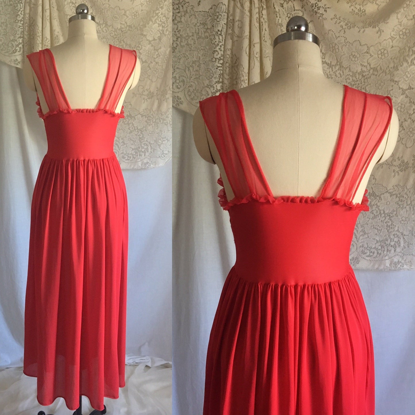 Vintage 1950's Nightgown | Lipstick Red Nylon with Lace & Chiffon Bodice | Gilead | Size S, M - Daggers & Dames