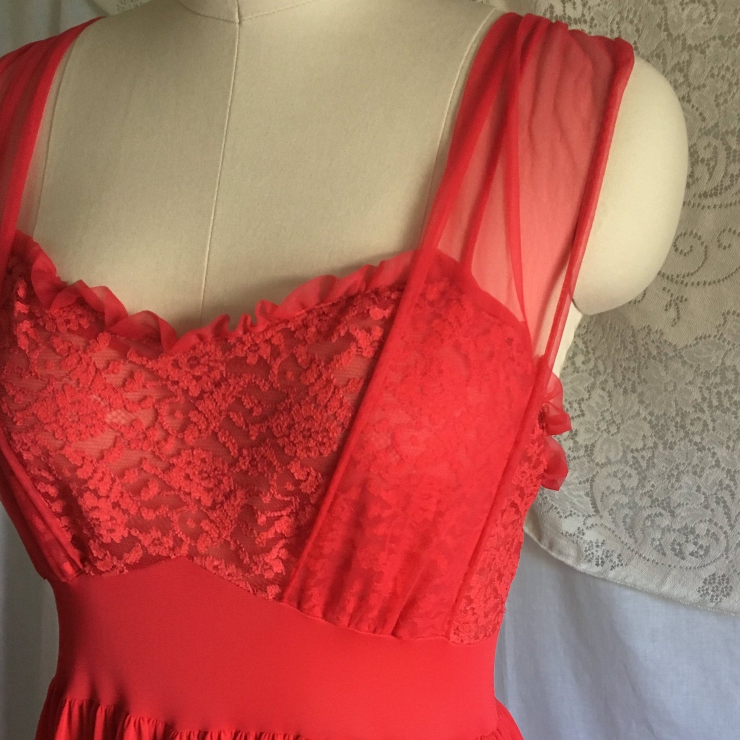 Vintage 1950's Nightgown | Lipstick Red Nylon with Lace & Chiffon Bodice | Gilead | Size S, M - Daggers & Dames