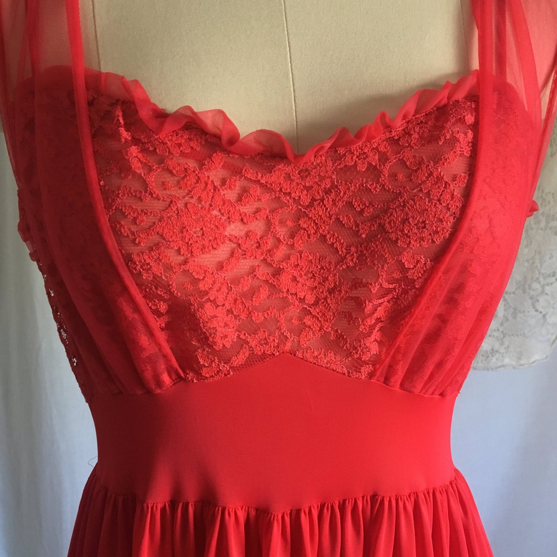 Vintage 1950's Nightgown | Lipstick Red Nylon with Lace & Chiffon Bodice | Gilead | Size S, M - Daggers & Dames