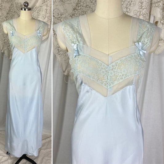 Vintage 1950’s Nightgown | Pale Blue Rayon with Nylon Chiffon & Sheer Lace | Size M | Never Worn - Daggers & Dames