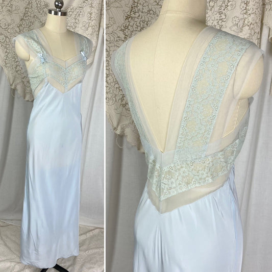 Vintage 1950’s Nightgown | Pale Blue Rayon with Nylon Chiffon & Sheer Lace | Size M | Never Worn - Daggers & Dames