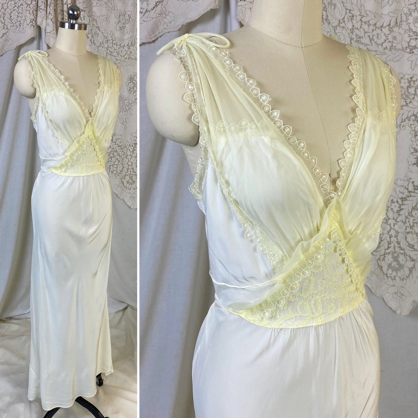 Vintage 1950's Nightgown | Pale Pastel Yellow Rayon with Nylon Chiffon | Size M | Charmode - Daggers & Dames