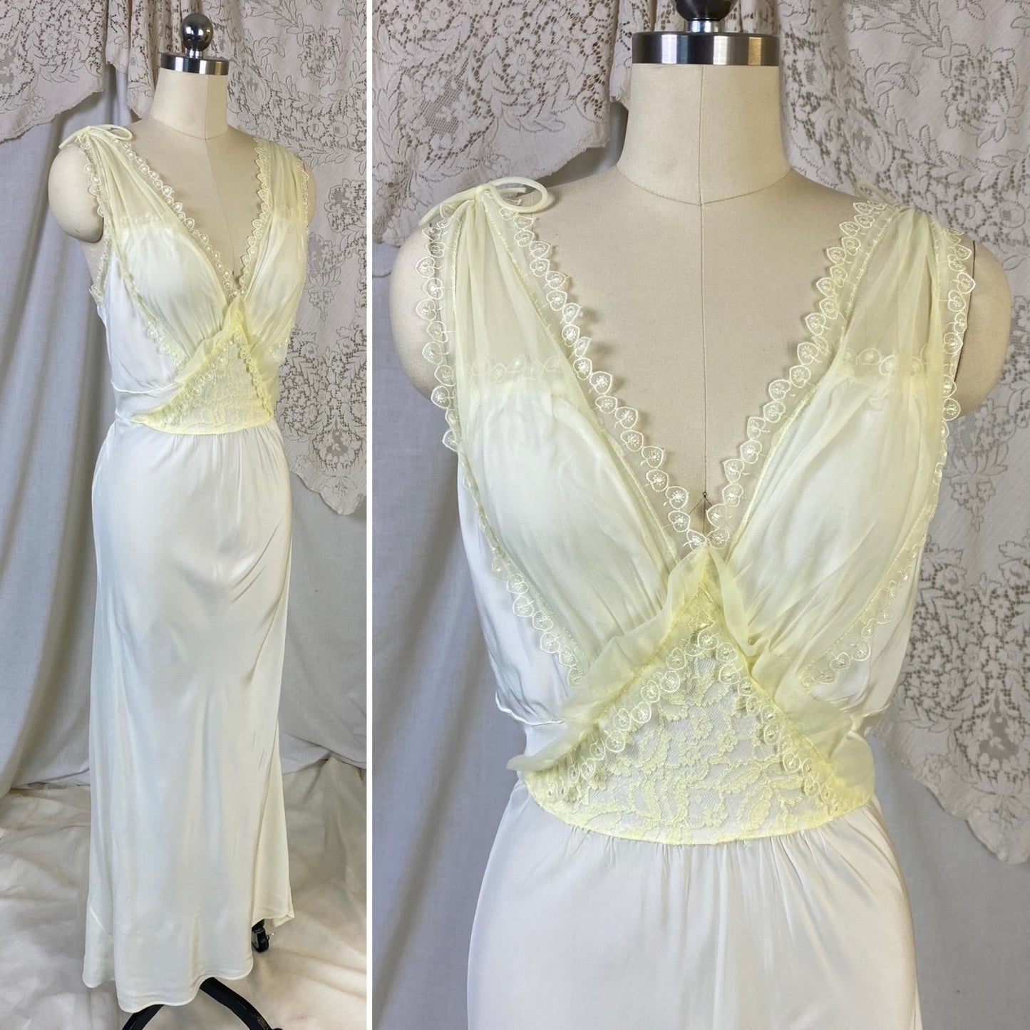 Vintage 1950's Nightgown | Pale Pastel Yellow Rayon with Nylon Chiffon | Size M | Charmode - Daggers & Dames