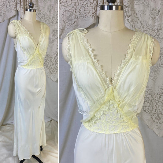 Vintage 1950's Nightgown | Pale Pastel Yellow Rayon with Nylon Chiffon | Size M | Charmode - Daggers & Dames