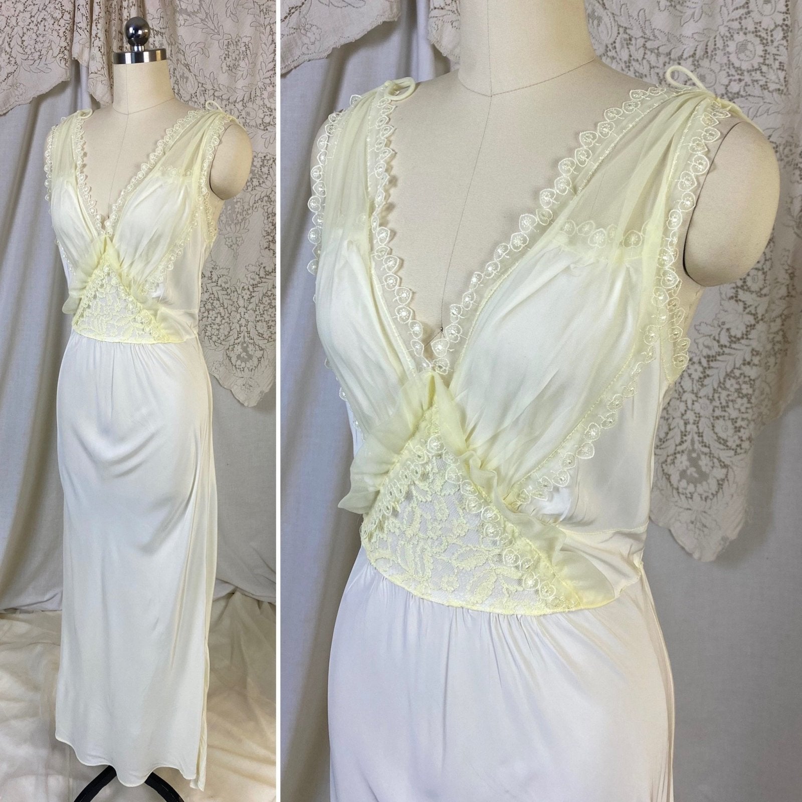 Vintage 1950's Nightgown | Pale Pastel Yellow Rayon with Nylon Chiffon | Size M | Charmode - Daggers & Dames
