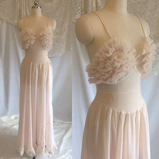 Vintage 1950's Nightgown | Palest Pink Nylon Chiffon with Tulle Ruffles | Fischer Heavenly Lingerie | Size S, MED - Daggers & Dames