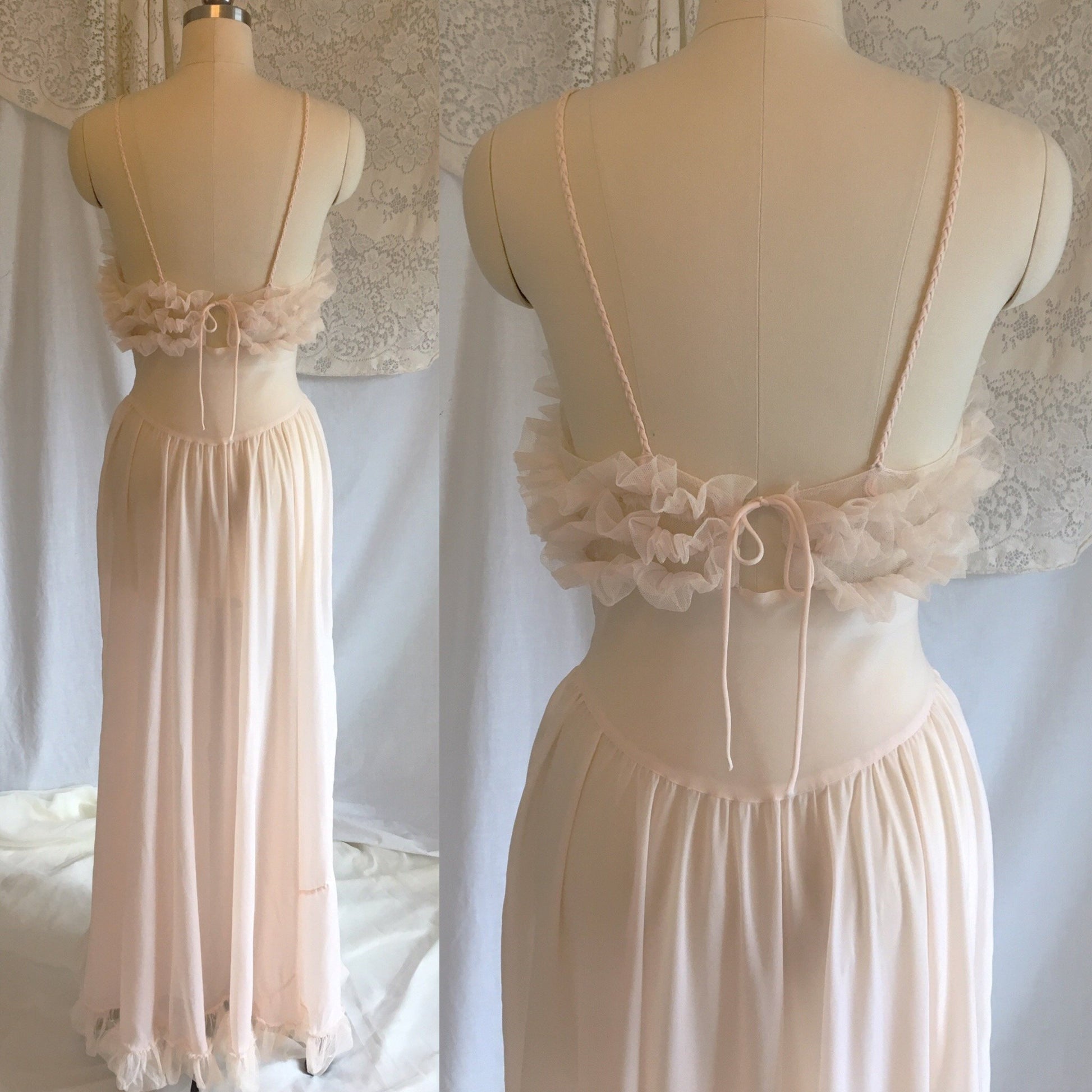 Vintage 1950's Nightgown | Palest Pink Nylon Chiffon with Tulle Ruffles | Fischer Heavenly Lingerie | Size S, MED - Daggers & Dames