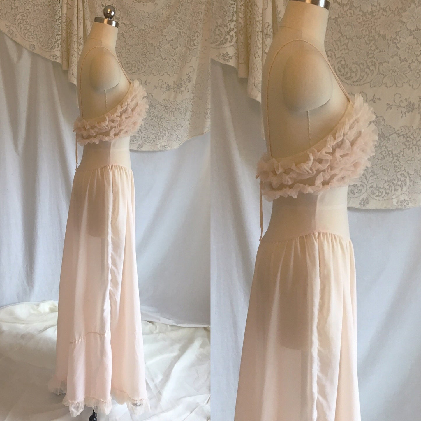 Vintage 1950's Nightgown | Palest Pink Nylon Chiffon with Tulle Ruffles | Fischer Heavenly Lingerie | Size S, MED - Daggers & Dames