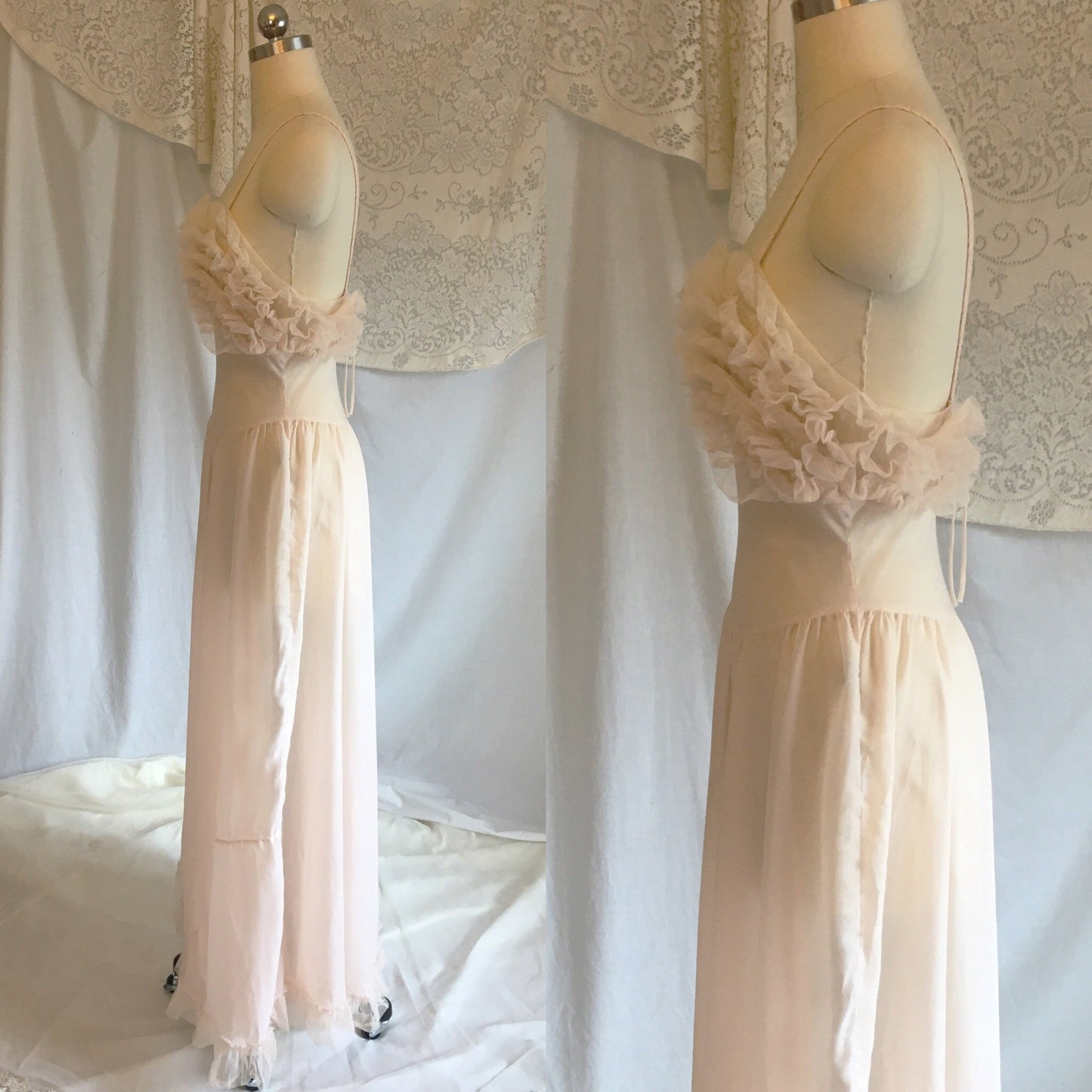 Vintage 1950's Nightgown | Palest Pink Nylon Chiffon with Tulle Ruffles | Fischer Heavenly Lingerie | Size S, MED - Daggers & Dames