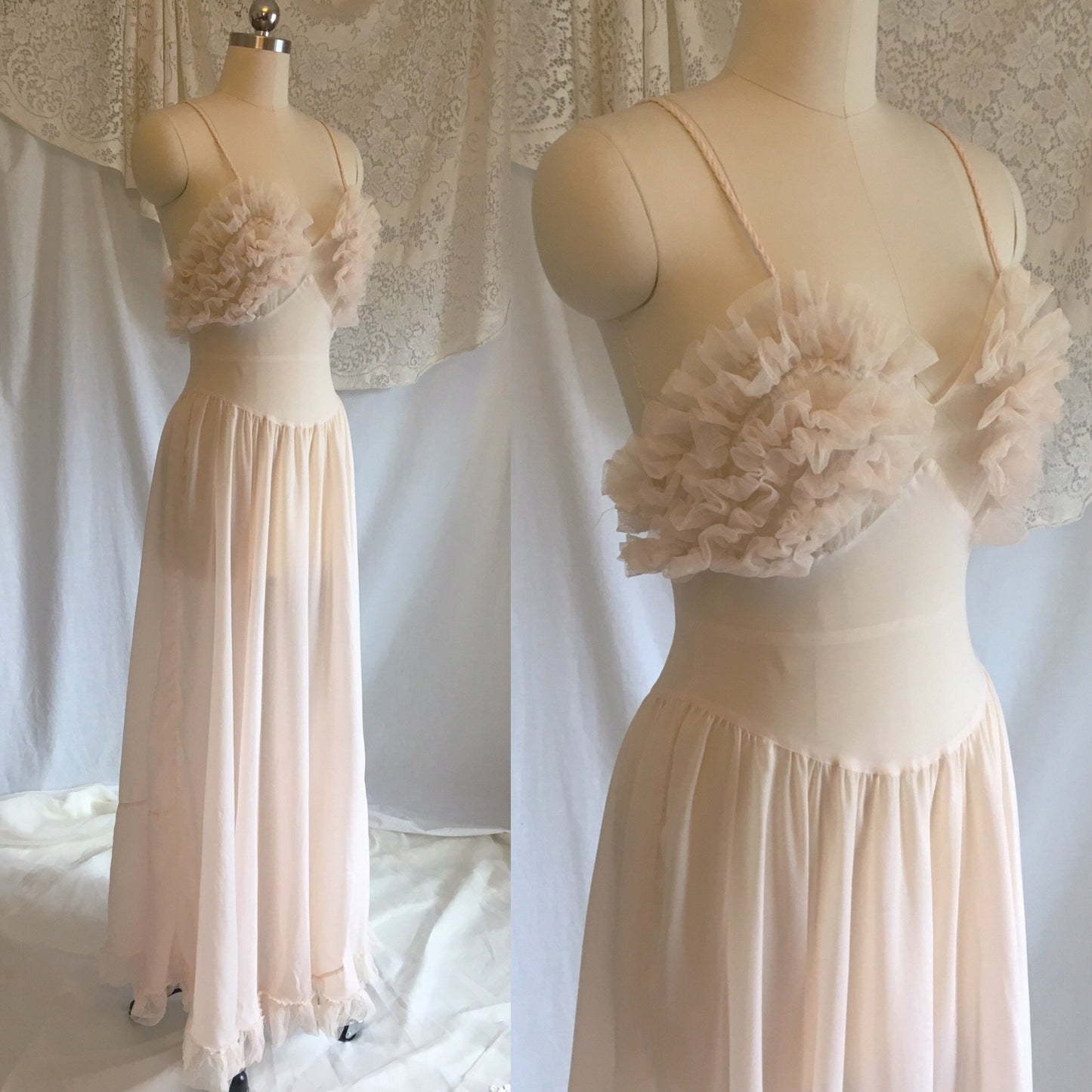 Vintage 1950's Nightgown | Palest Pink Nylon Chiffon with Tulle Ruffles | Fischer Heavenly Lingerie | Size S, MED - Daggers & Dames