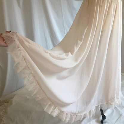 Vintage 1950's Nightgown | Palest Pink Nylon Chiffon with Tulle Ruffles | Fischer Heavenly Lingerie | Size S, MED - Daggers & Dames