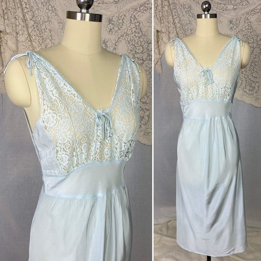 Vintage 1950's Nightgown | Pastel Blue Rayon with Floral Lace Bodice & Keyhole Straps | Size XS, S | Biastex - Daggers & Dames