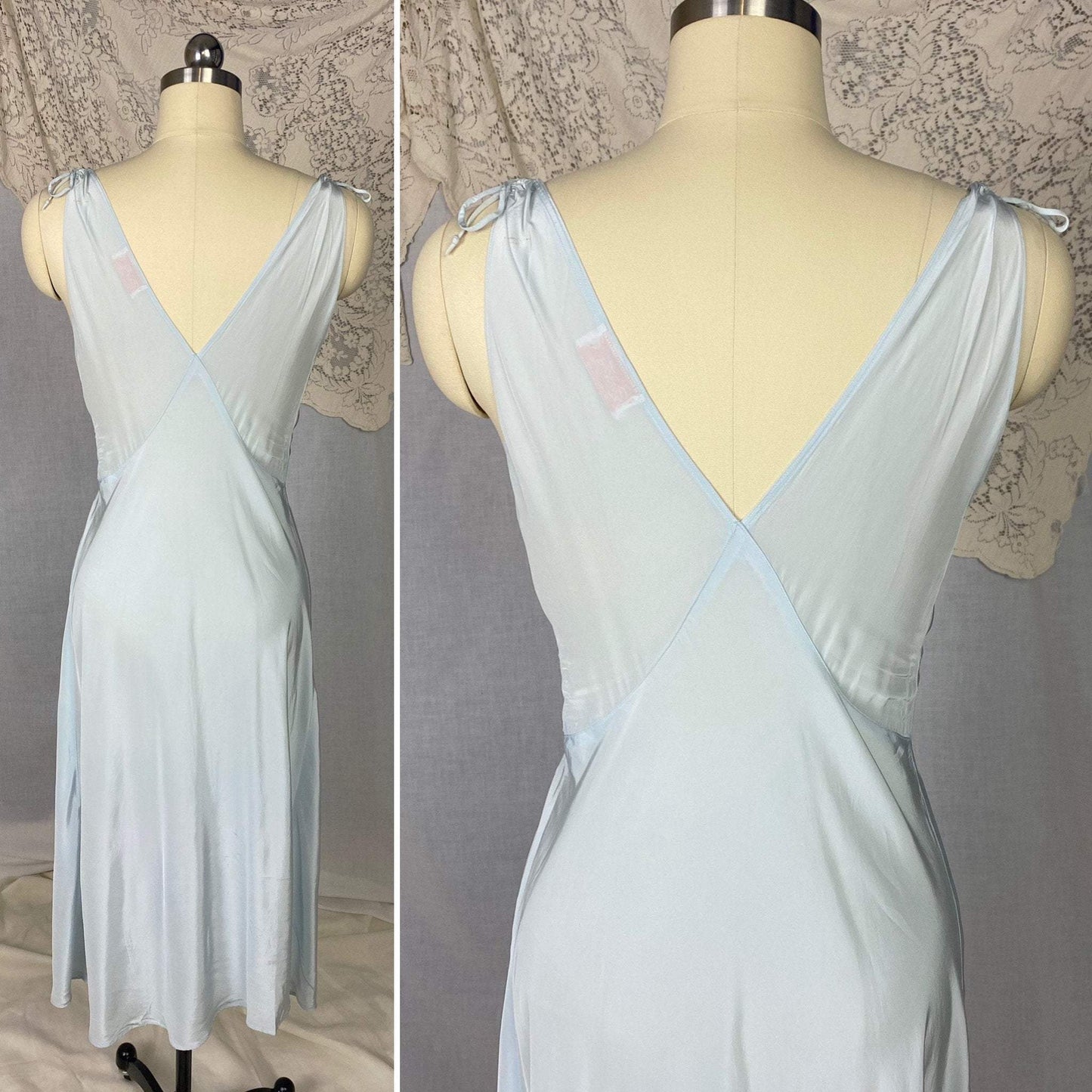 Vintage 1950's Nightgown | Pastel Blue Rayon with Floral Lace Bodice & Keyhole Straps | Size XS, S | Biastex - Daggers & Dames
