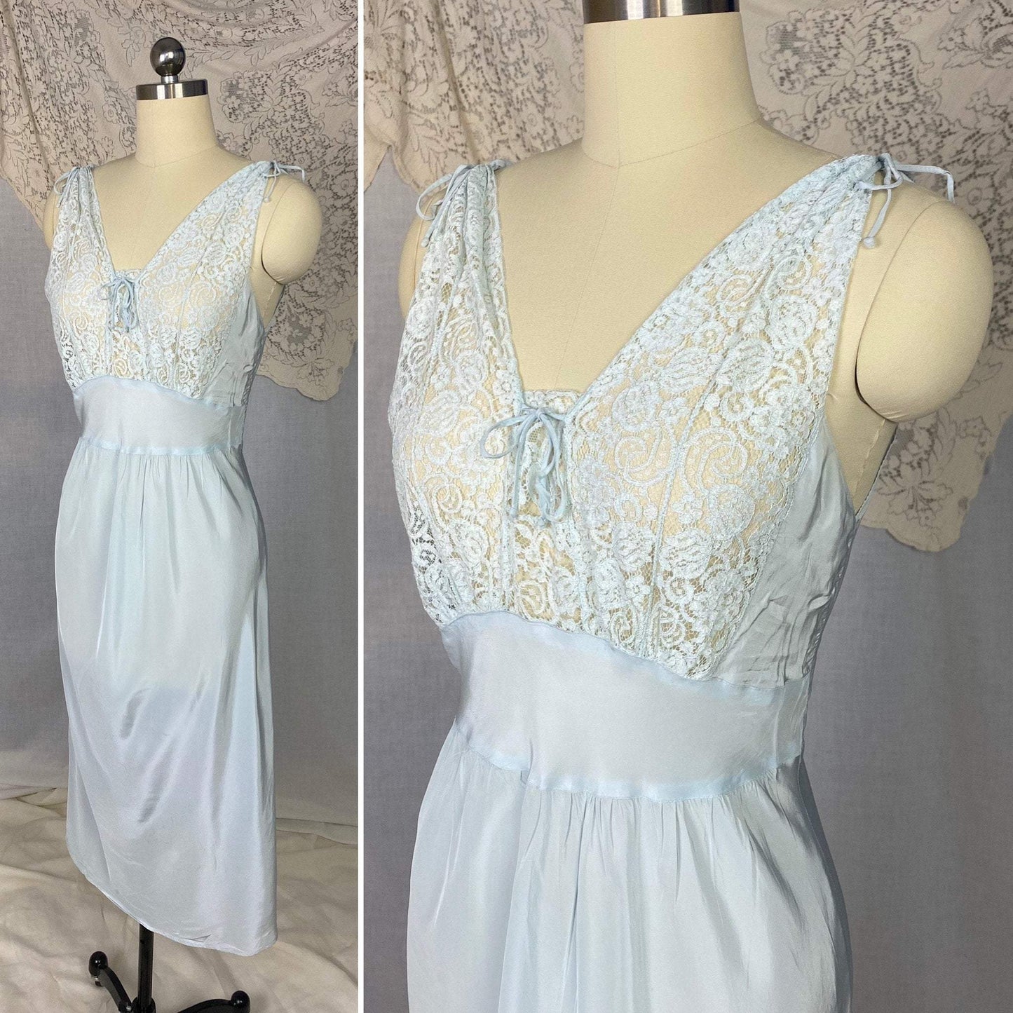 Vintage 1950's Nightgown | Pastel Blue Rayon with Floral Lace Bodice & Keyhole Straps | Size XS, S | Biastex - Daggers & Dames
