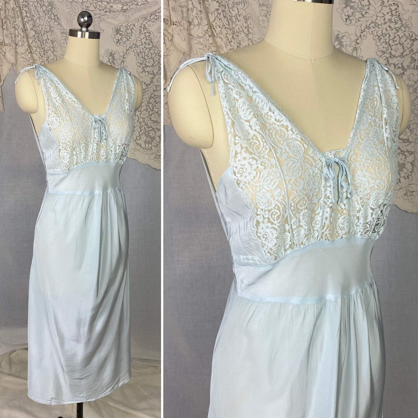 Vintage 1950's Nightgown | Pastel Blue Rayon with Floral Lace Bodice & Keyhole Straps | Size XS, S | Biastex - Daggers & Dames