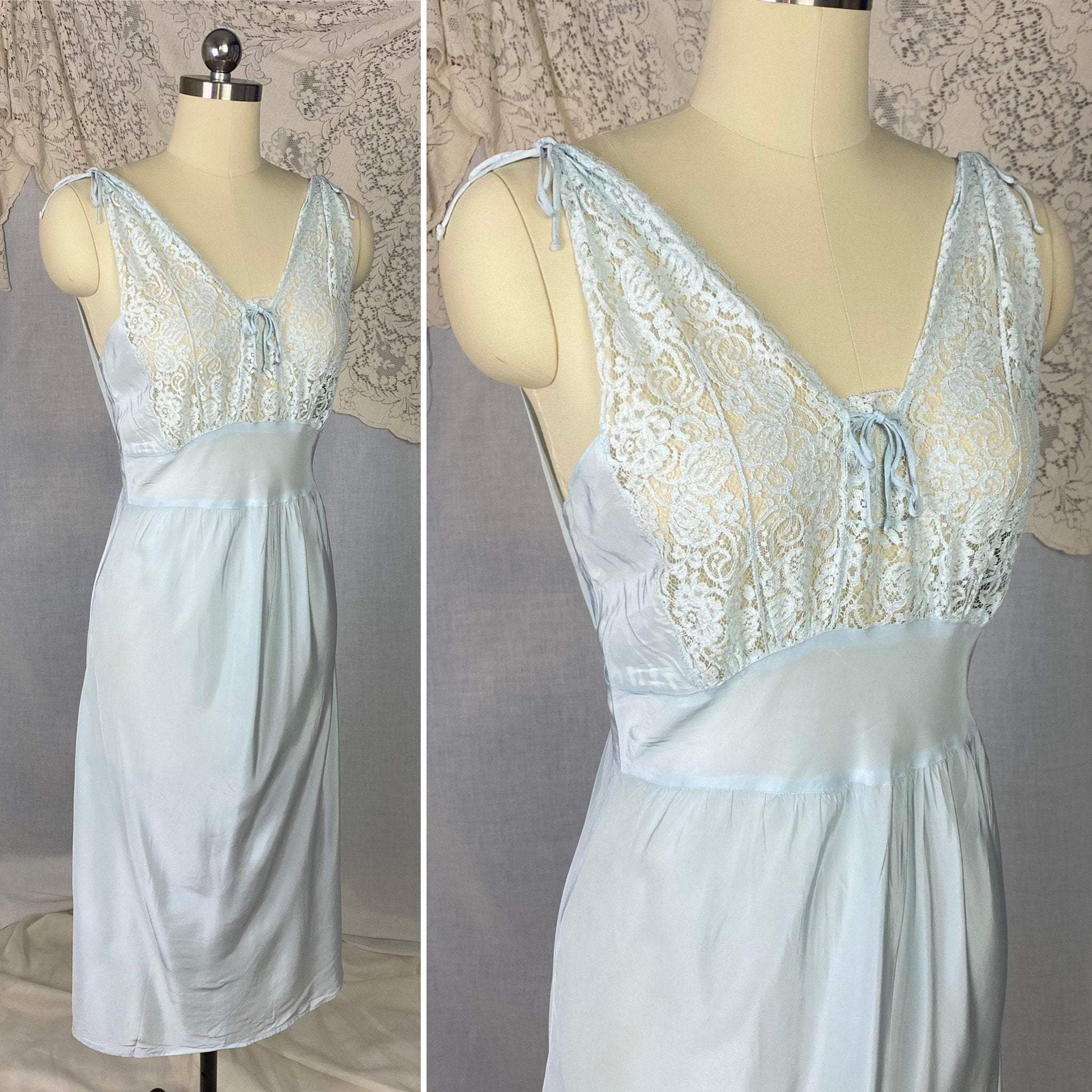 Vintage 1950's Nightgown | Pastel Blue Rayon with Floral Lace Bodice & Keyhole Straps | Size XS, S | Biastex - Daggers & Dames