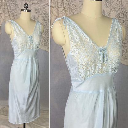 Vintage 1950's Nightgown | Pastel Blue Rayon with Floral Lace Bodice & Keyhole Straps | Size XS, S | Biastex - Daggers & Dames