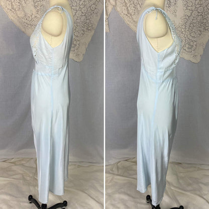 Vintage 1950's Nightgown | Pastel Blue Rayon with Floral Lace Bodice & Keyhole Straps | Size XS, S | Biastex - Daggers & Dames