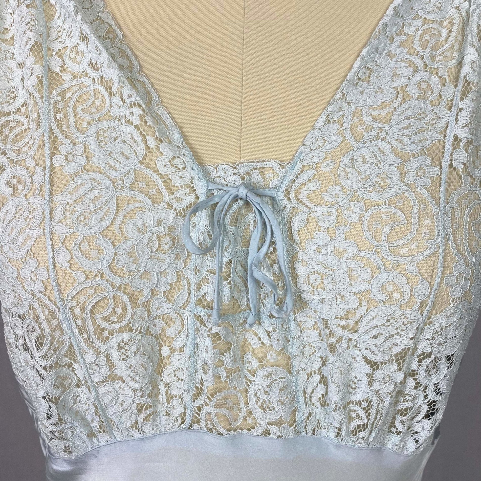 Vintage 1950's Nightgown | Pastel Blue Rayon with Floral Lace Bodice & Keyhole Straps | Size XS, S | Biastex - Daggers & Dames