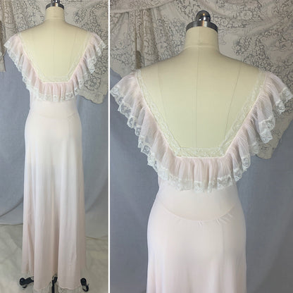 Vintage 1950's Nightgown | Powder Pink Nylon with Crystal Pleat Ruffles & White Lace | Size S | Fischer Heavenly Lingerie - Daggers & Dames