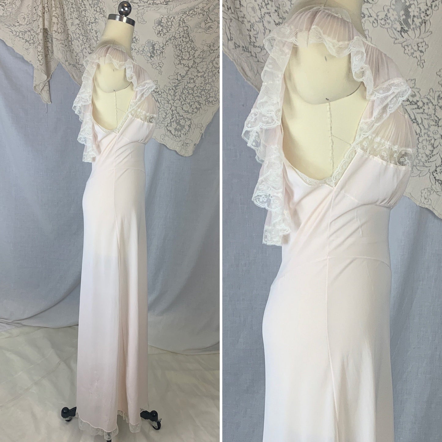 Vintage 1950's Nightgown | Powder Pink Nylon with Crystal Pleat Ruffles & White Lace | Size S | Fischer Heavenly Lingerie - Daggers & Dames
