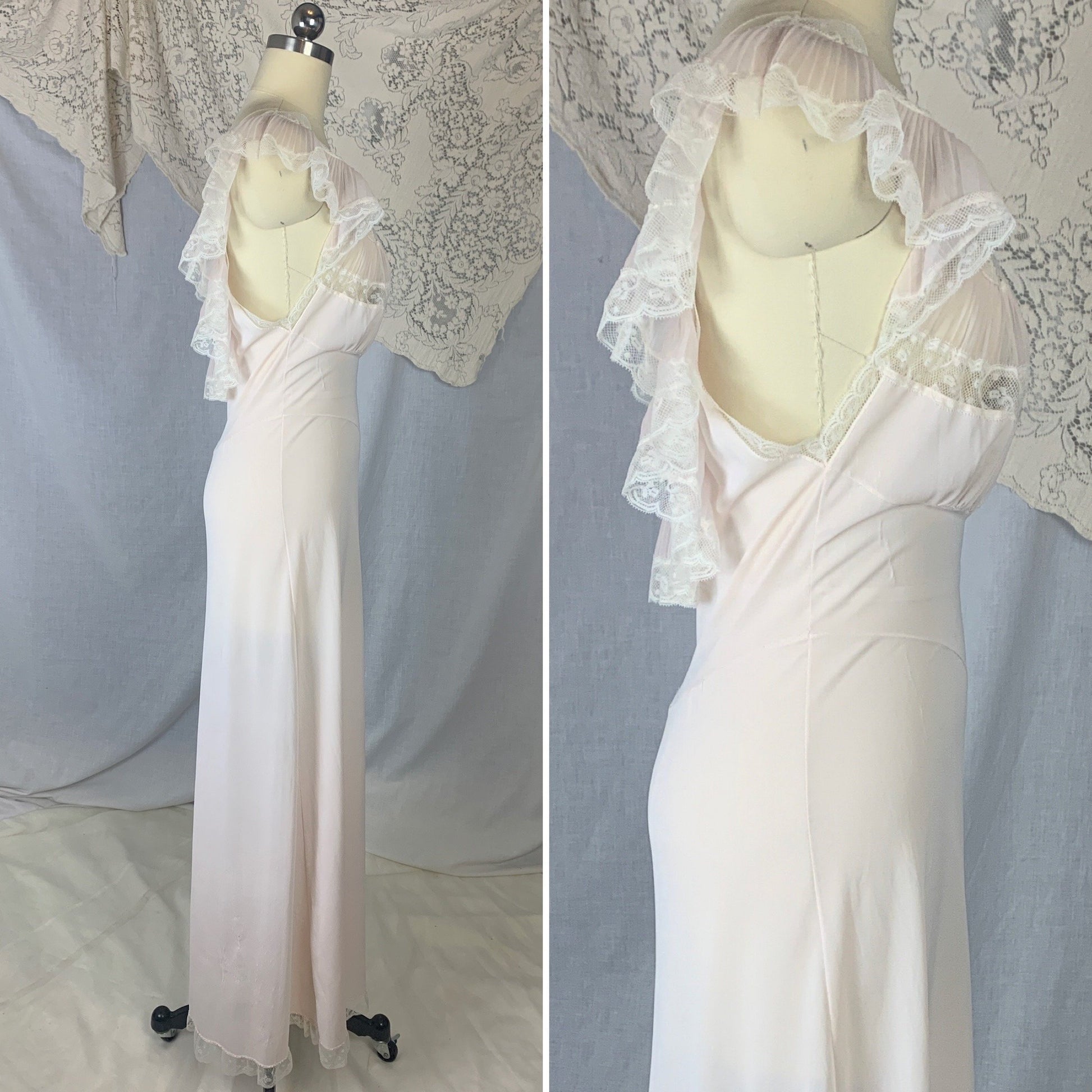 Vintage 1950's Nightgown | Powder Pink Nylon with Crystal Pleat Ruffles & White Lace | Size S | Fischer Heavenly Lingerie - Daggers & Dames