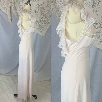 Vintage 1950's Nightgown | Powder Pink Nylon with Crystal Pleat Ruffles & White Lace | Size S | Fischer Heavenly Lingerie - Daggers & Dames
